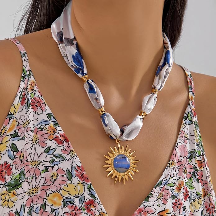 RINHOO FRIENDSHIP Silk Scarf Necklace for Women - Adjustable Boho Vintage Bandana Choker with 18K Non-Tarnish Gold Charms (Assorted Pendants & Patterns) Layered Jewelry Gift Box