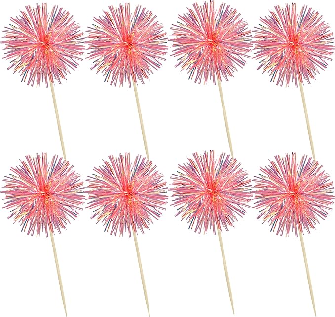 Ephlyn 30Pcs Foil Firework Cupcake Toppers Sparkle Tinsel Cupcake Picks Happy Birthday Cake Decorations Drink Stirrers Cocktail Food Fruit Toothpicks for Baby Shower Graduation Party Supplies Orange