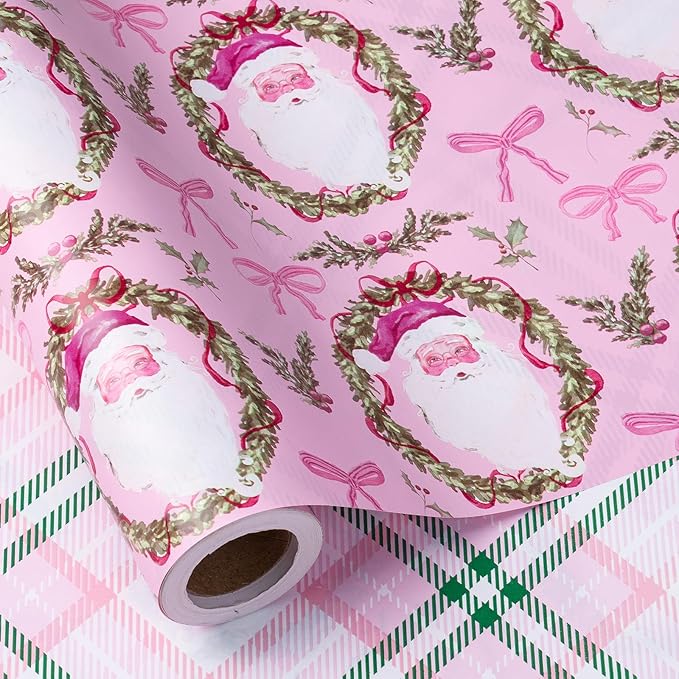 RUSPEPA Reversible Christmas Wrapping Paper Roll, Mini Roll, Pink Santa Claus, Floral Wreath, Bow Design, Green Pink Plaid Gift Wrap for Girls, Kids, Family, Holiday Gifts, 17 Inches x 32.8 Feet