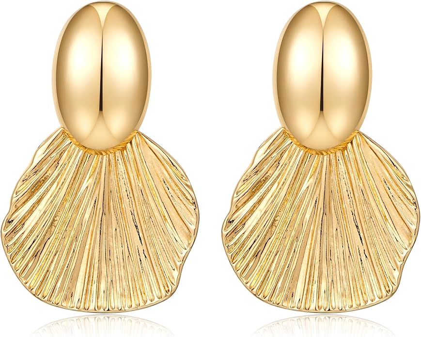 Gold Plated Earrings Dangle Chunky Fan-shaped Earrings Shell Earring for Women Two-Tone Fashion Statement Jewelry
