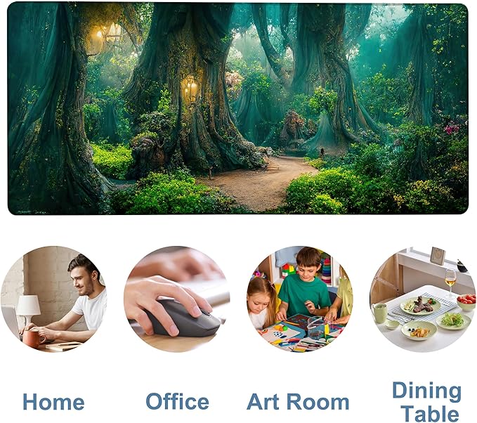 Gaming Desk Pad Large Extra Length Mysterious Forest Mouse Pad Keyboard Laptop Non-Slip Waterproof with Rubber Base Thick Stitched Edge Mouse Mat for Office Home 35.4 x 15.7 Inches