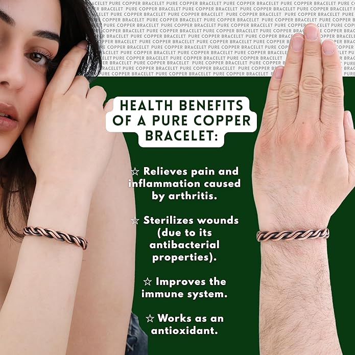 Handmade Elegant Copper Bracelet for Women and Men-Pure Copper Bracelet for Pain Relief and Stress Relief-Adjustable, Thickest, Twisted Copper Wire Bracelet to Fit many Size Wrist(folded)