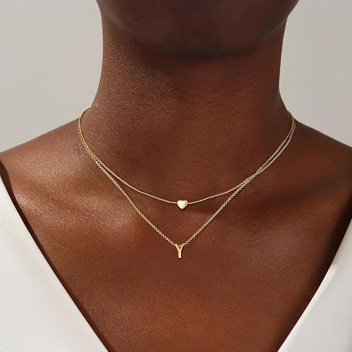 MOMOL 18K Gold Plated Stainless Steel Layered Heart Initial Necklace Personalized Tiny Letter Choker Necklace Monogram Name Necklace for Women
