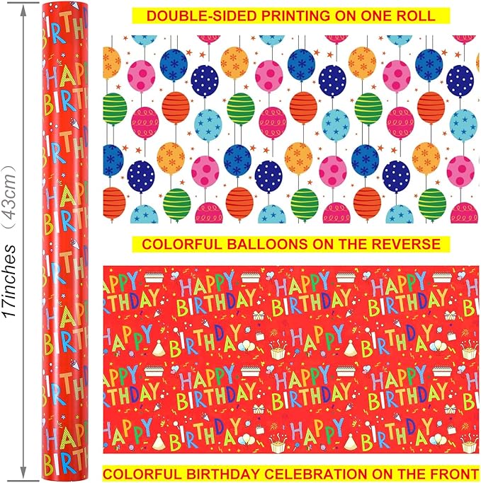 Reversible Birthday Wrapping Paper - Mini Roll - 17 Inches X 33 Feet - for Boys Girls Kids - Happy Birthday Lettering and Colorful Balloons Design for Women Men Baby Shower Holiday