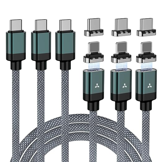 ZBF 100W USB C Magnetic Charging Cable, 2 in 1 Charger Cable for Type C(3 Pack, 4/6.6/6.6FT) 480Mbps Data Transfer, 5A Fast Charging for Phone 17 16 15,14,13 Pro Max, MacBook Pro,Pad,Galaxy S22,Pixel