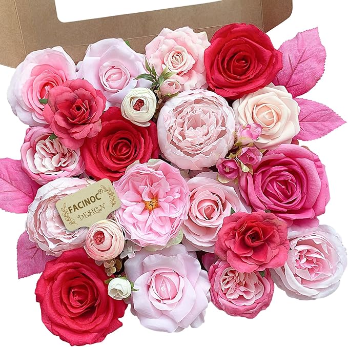 Roses Artificial Flowers Pink Fake Flower Bulk for DIY Wedding Bouquets Bridal Baby Shower Decorations Table Centerpiece Silk Faux Floral Arrangements for Party Home Decor Indoor Fuchsia