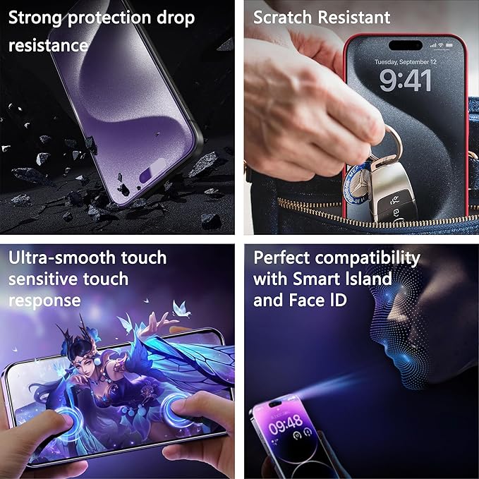 2 Pack Anti Blue Light Matte Screen Protector for iPhone 15 Pro Max, 9H Tempered Glass, Full Coverage, Anti-Fingerprint, Auto Dust-Elimination, No Bubble, Easy Installation