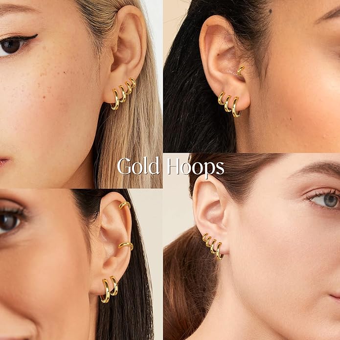 Small Gold Huggie Hoop Earrings Set for Women Men Hypoallergenic 14K Plated Stack Cartilage Earrings, Multiple Piercing Lightweight Mini Thin Cute Dainty Trendy Jewelry Set Christmas Gifts for Women