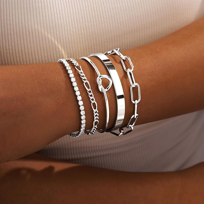 Gold Bracelets Set for Women Non Tarnish, 14K Gold Plated Sterling Silver Chunky Cuff Bracelet Stackable Gold Bangles Bracelet for Women Trendy Fashion Accessories Tie Knot Cuban Rope Paperclip Beaded Bracelet Stack Jewelry Valentines Day Gifts