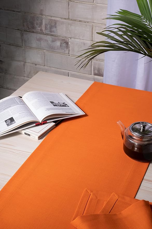 D'Moksha Homes Orange Table Runner 14 x 90 Inch - Faux Linen Dining Table Runner 90 Inches Long - Wrinkle Resistant, Machine Washable for Fall, Thanksgiving, Holiday - 100% Recycled Fabric