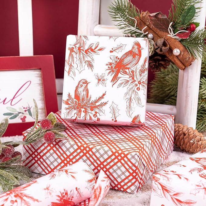 RUSPEPA 30" X 32.8' Reversible Christmas Wrapping Paper Roll, Jumbo Roll, Vintage Red Botanical Bird and Pinecone Design, Red White Plaid Gift Wrap for Girls, Family, Friends, Xmas Holiday Gifts