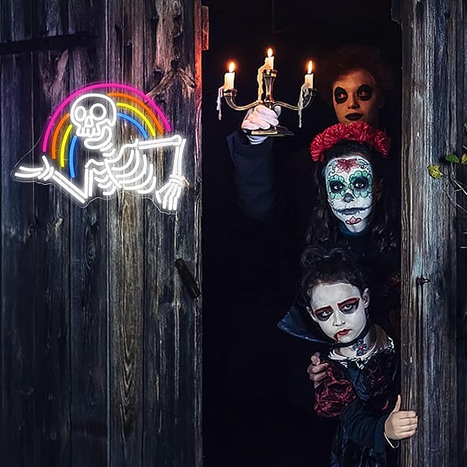 Rainbow Skeleton Halloween Neon Sign Welcoming Skull Led Neon Light Colorful Rainbow Light Up Sign for Halloween Party Christmas Bedroom Man Cave Game Room(16.5 * 12.5in)