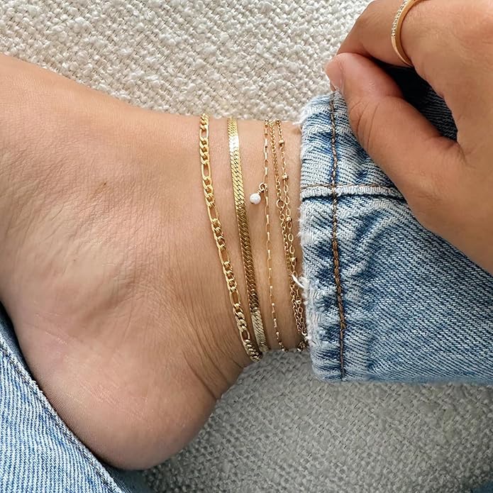 iF YOU Gold Ankle Bracelets for Women, 14k Gold Plated Waterproof Cuban Link Chain Anklets Set, Layered Anklet Bracelets for Women Beach Gift Adjustable Size 5pc