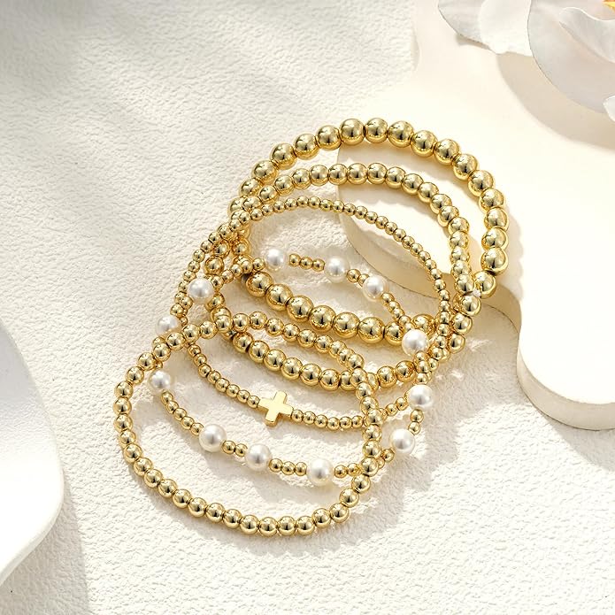 Gold Bead Bracelets for Women Girls - 14K Gold Plated Dainty Round Bead Ball Pearl Cross Bracelet Stack for Women Teenage Girls Stackable Jewelry Christmas Gifts