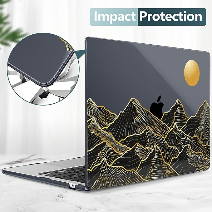 TWOLSKOO for M4 MacBook Air 13.6 inch Case 2025-2022 Release M4 A3240 M3 A3113 M2 A2681, Plastic Hard Shell & Screen Protector & Keyboard Cover & Trackpad Film, Golden Mountain