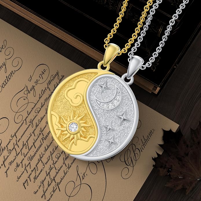 Diamond Sun and Moon Yin Yang Necklace for Couple Best Friend 925 Sterling Silver Yin Yang Matching Necklace with Lab Grown Diamond Jewelry Gifts Couple Friendship BFF Necklace for 2