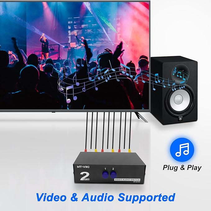 MEIRIYFA 2 Way AV RCA Switcher Splitter 2 in 1 Out, 2 Port AV RCA Switch 2-in-1 Composite Video L/R Audio Switcher Selector Box for DVD Player, Game Consoles TV Monitor Projector