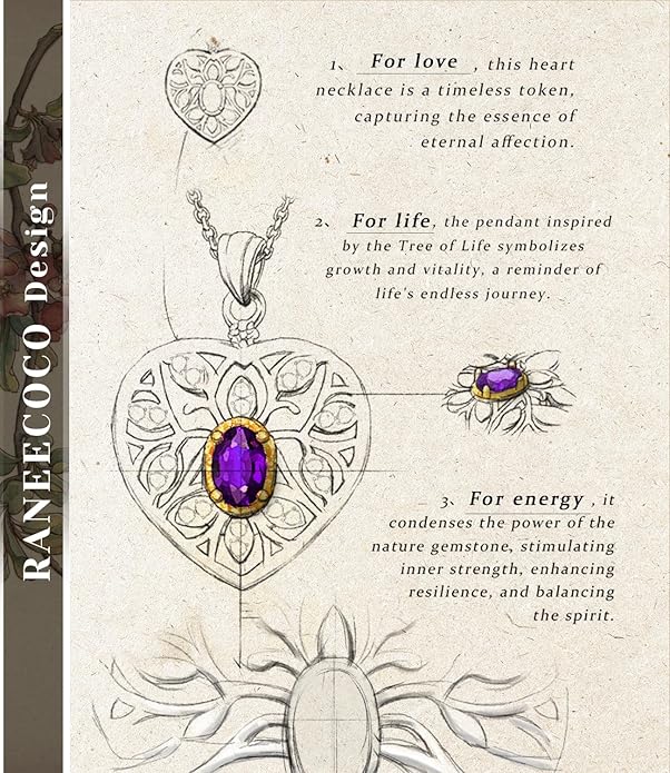 Raneecoco Natural Gemstone Necklace for Women 18K Gold Plated Sterling Silver Two-Tone Tree of Life & Love Heart Pendant Jewelry | Dainty Birthstone Gift For Her Mother Wife