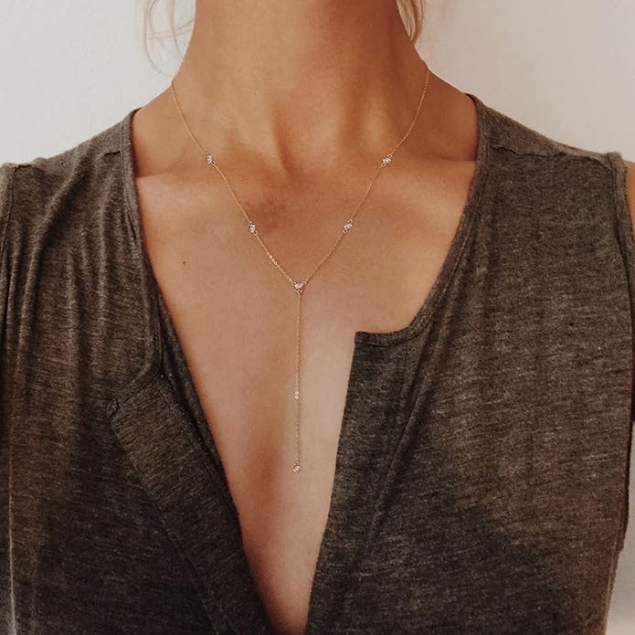 Gold Necklace for Women, Dainty Gold Long Necklaces 14k Gold Plated Prom Lariat Necklace Cute Choker Necklaces for Women Trendy Stuff Fashion Costume Gold Accessories Christmas Jewelry Gifts