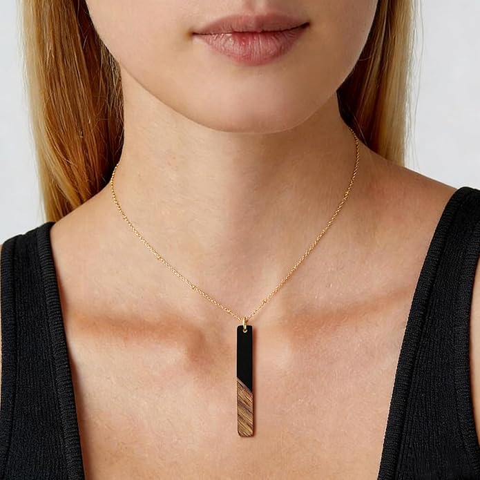 Bar Necklace Earrings for Women 16K Gold Plated Trendy Geometric Jewelry Set Boho Lightweight Wooden Resin Bar Pendant Necklace Dangle Earring Set,Gift for Her,Mom,Wife