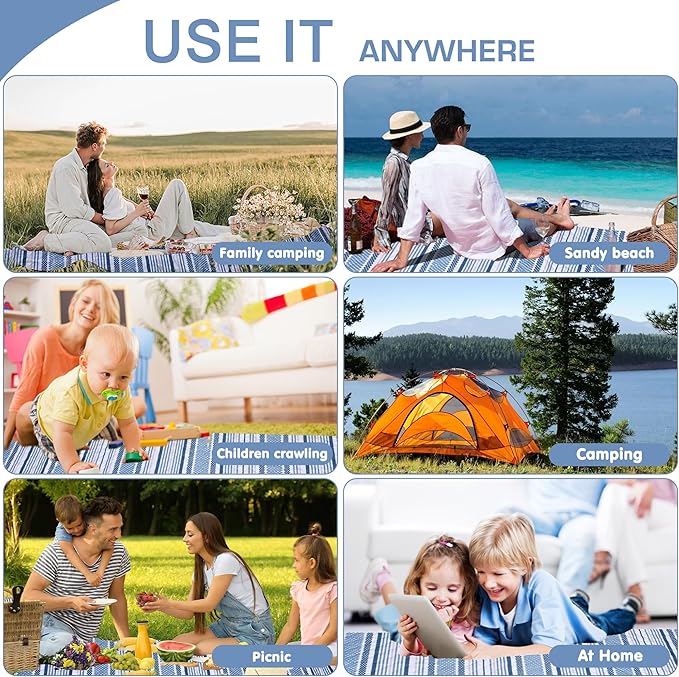 Oversized Waterproof Picnic Mat, Dustproof Washable Outdoor Beach Mat. Suitable for Camping, Outdoor, Beach, Party and Concert (Dark Blue & Light Blue, 80" x 60")