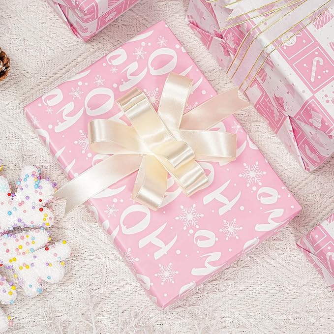 Ulmasinn Reversible Christmas Wrapping Paper Pink Mini Roll 17 Inches X 33 Feet for Girls Kids,printed with “Ho Ho” and Pink Holiday Collection Design for Festivals, Parties, Celebrations