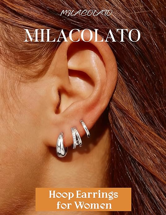 MILACOLATO 3 Pairs Small 14K Gold Plated Hoop Earrings for Women Trendy Hypoallergenic Silver Earring Stacks Huggie Hoops Earring Sets for Multiple Piercing Chunky Double Hoop Jewelry Lightweight