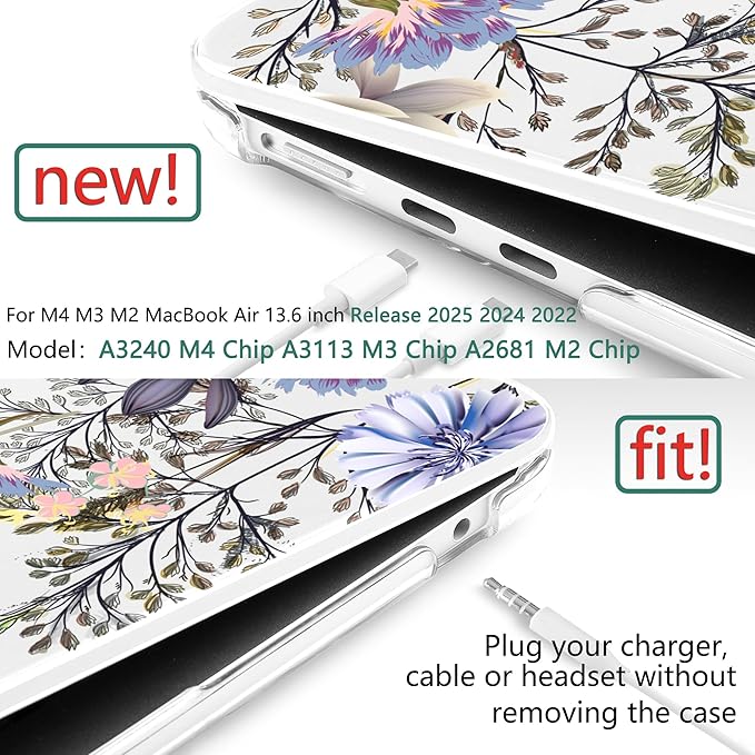 TWOLSKOO Compatible with M4 MacBook Air 13.6 inch Case 2025-2022 Release M4 A3240 M3 A3113 M2 A2681, Plastic Hard Shell & Keyboard Cover & Type C Adapter & Screen Protector, Garden Flower