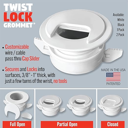 (2-Pack White) Cable, Wire & Cord Management - Self Locking Grommet with Cover for Walls, Ceilings, Desks, Used for All Surfaces 3/8” to 1” Thick, Made in USA