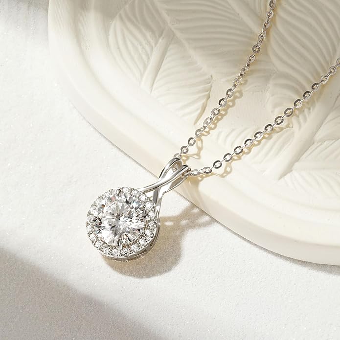 2CT Infinity Moissanite Pendant Necklace, Round Cut 8mm D Color Halo Necklace 925 Sterling Silver Adjustable Chain, Elegant Jewelry Gifts for Women