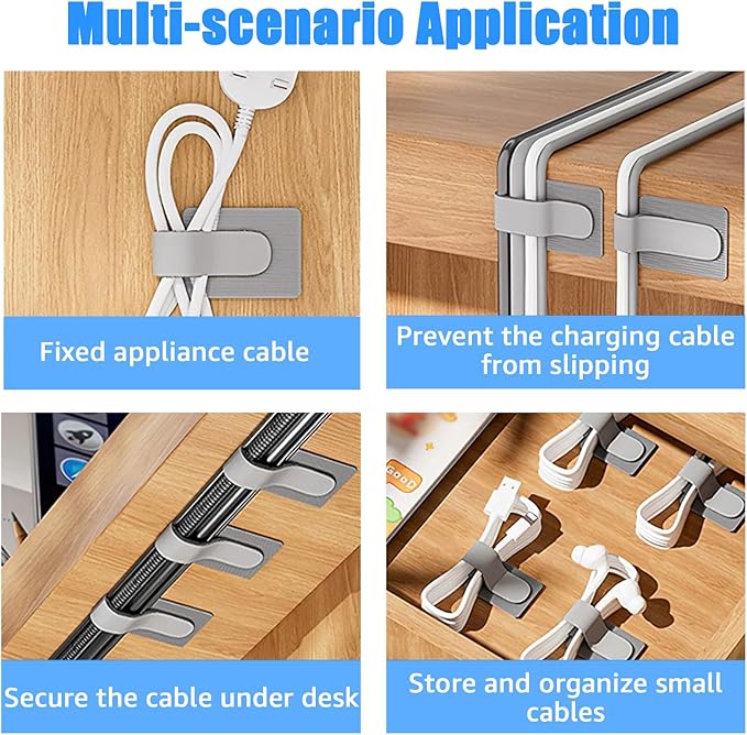 80PCS Hook and Loop Cable Ties, Hook and Loop Cable Straps, Under Desk Cable Management, Adhesive Cable Clips, Sticky-Back Cord Organizer for Desk, Household & Office Organization (Gray)