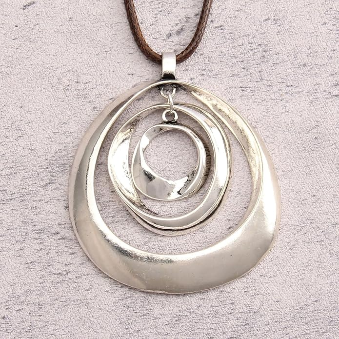 GelConnie Boho Necklaces for Women Vintage Silver Circles Long Pendant Necklace Cowgirl Sweater Necklace Adjustable Leather Choker Necklace for Women