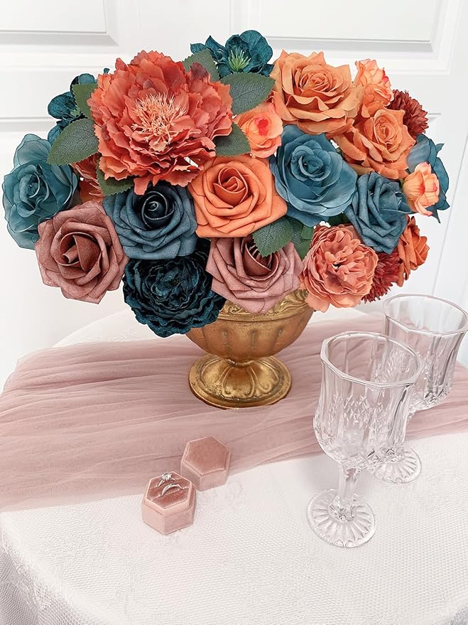 Roses Artificial Flowers Bouquet Box Set Fake Flower for DIY Bridal Wedding Shower Decorations Centerpieces for Table Faux Silk Floral Arrangement for Party Home Decor Indoor Teal Orange