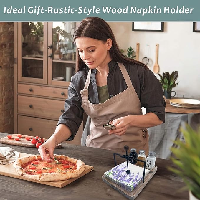 Flat Napkin Holder with Salt and Pepper Shakers, Kitchen Table Decor, 2-in-1 Rustic Napkin Holder for Paper Napkins, Wooden Table Decor for Bar, Kitchen & Dinning Room