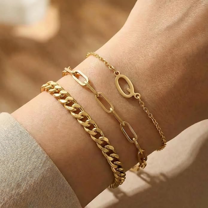 14K Gold Plated Bracelets for Women, A–Z Initial Charm Bangles Jewelry Set, Elegant Gold Accessories, Friendship Bracelet Gifts for Mom