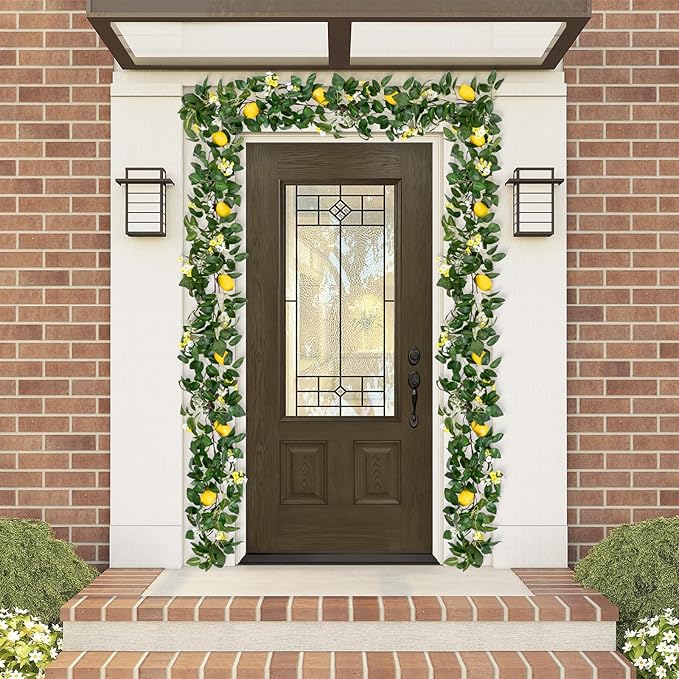 U'Artlines 4Pcs Total 24 Ft Artificial Lemon Garland Spring Summer Faux Fruit Vine Garlands with Greenery for Door Wall Mantle Wedding Party Table Decorations