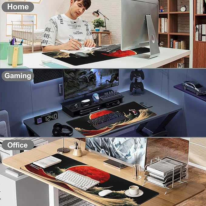Red Moon Above The Sea Desk Mat,Large Chinese Style Landscape Gaming Keyboard Mouse Pad,Non-Slip Rubber Base Desk Pad Thick Stitched Edges Waterproof Mousepad Mouse Mat 31.5"x11.8"