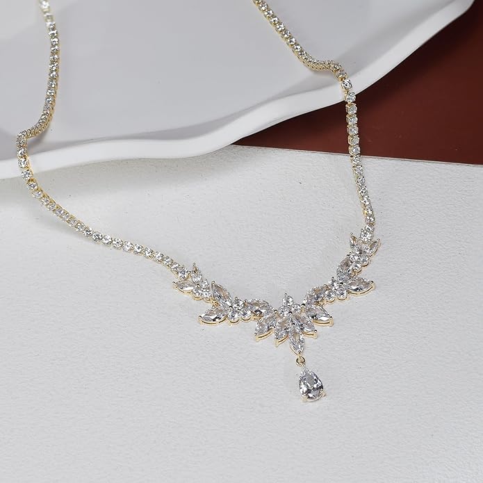 UDYLGOON Sparkling Bridal Jewelry Set for Bride & Bridesmaids, Imitation Cubic Zirconia Necklace, Earrings, Bracelet - Real Gold Plated, Hypoallergenic Gift for Her