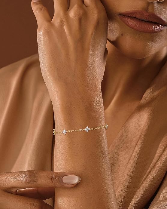 JSJOY Birthstone Bracelets for Women, 14K Gold Bracelets for Women Mom Gifts Birthday Valentines Day Gifts for Gf Dainty Flower Gift for Her Birthstone Bracelet Mothers Day Gift