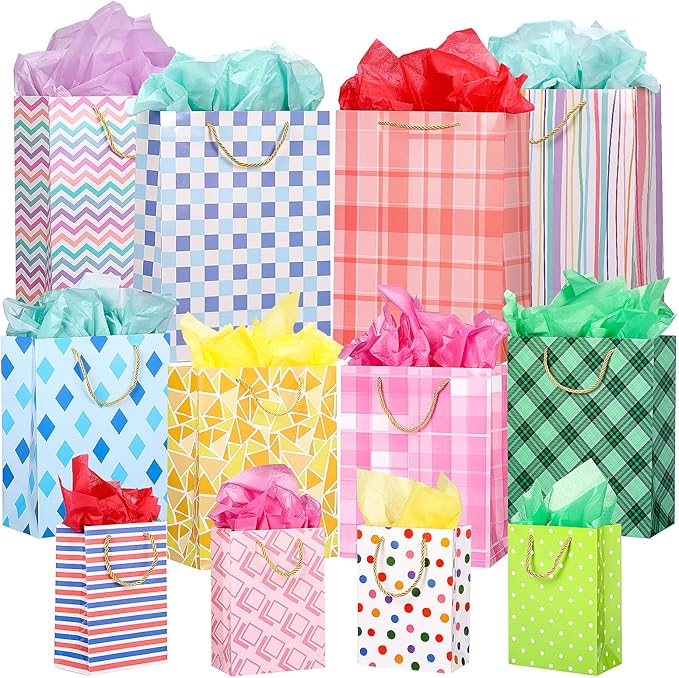 OUTUXED 12pcs Paper Gift Bags Assorted Sizes with Tissue, Birthday Gift Bags 3 Sizes (4 Medium/4 Large/4 Extra Large) - For Birthday, Baby Showers, Party & Wedding