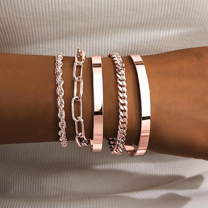 Gold Bracelets Set for Women Non Tarnish, 14K Gold Plated Sterling Silver Chunky Cuff Bracelet Stackable Gold Bangles Bracelet for Women Trendy Fashion Accessories Tie Knot Cuban Rope Paperclip Beaded Bracelet Stack Jewelry Valentines Day Gifts