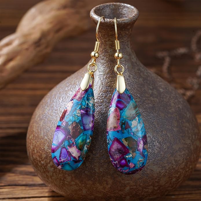 Boho Women Natural Stone Earrings Unique Healing Imperial Jasper Gemstone Energy Hypoallergenic Lightweight Dangle Drop Earrings Multiple Styles Earrings Jewelry for Birthday Party Gift