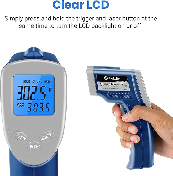Etekcity Infrared Thermometer 1080, Heat Temperature Temp Gun for Cooking, Laser IR Surface Tool for Pizza Oven, Meat, Griddle, Grill, HVAC, Engine, Accessories, -58°F to 1130°F, Blue