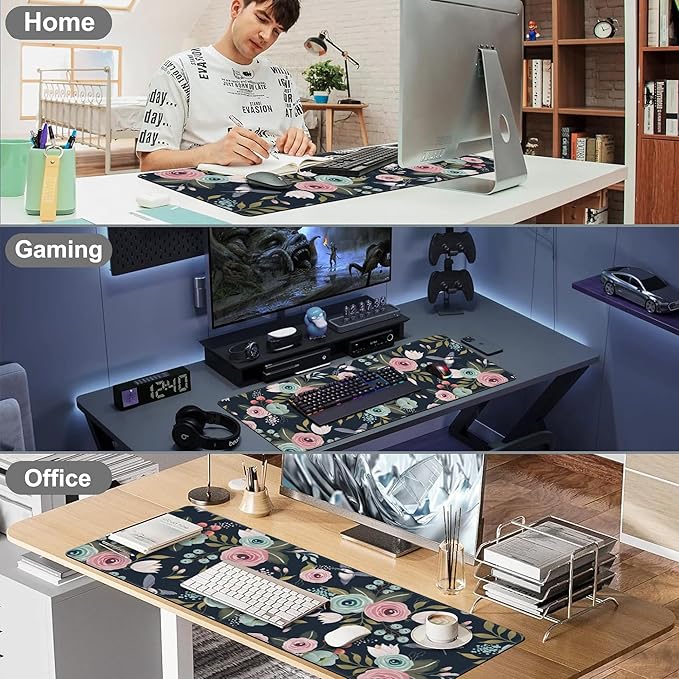 Colorful Flowers and Birds Desk Mat,Large Spring Floral Bird Gaming Keyboard Mouse Pad,Non-Slip Rubber Base Desk Pad Thick Stitched Edges Waterproof Mousepad Mouse Mat 31.5"x11.8"