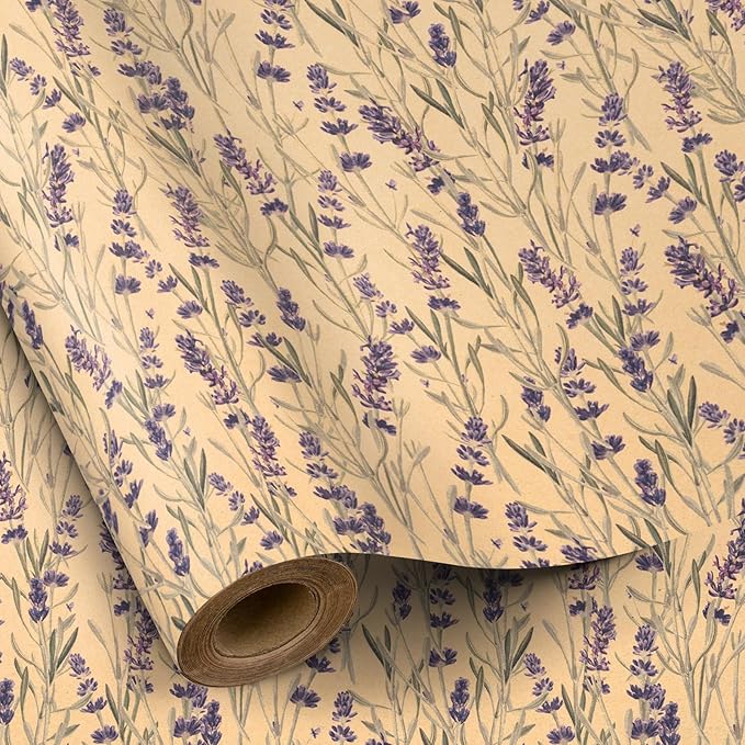 RUSPEPA Lavender Wrapping Paper Roll for Women, Delicate Floral Kraft Gift Wrap, Purple Lavender Design Perfect for Spring, Wedding, Mother's Day, Bridal Shower and Birthday, 17 Inches x 32,8 Feet