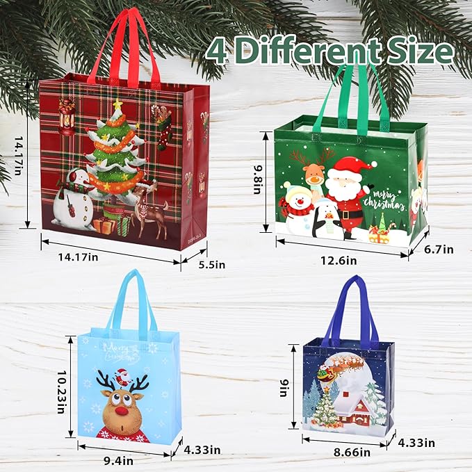 NESCCI 32 Pack Christmas Gift Bags,4 Different Sizes Of Gift Bags,Christma Tote Bags with Handles,Reusable Non-Woven Christmas Bags,Used for Xmas Gifts Packaging, Shopping,Party