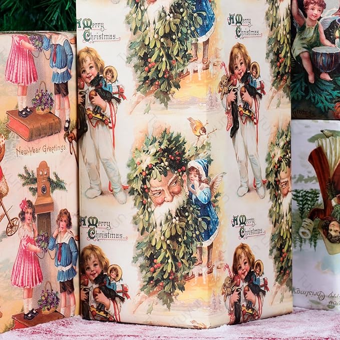 Vnaaem Vintage Christmas Wrapping Paper for Women Girls Boys Men - Retro Xmas Wrapping Paper for Winter Christmas Birthday Holiday - 20 X 28 Inches (6 Folded Sheet)