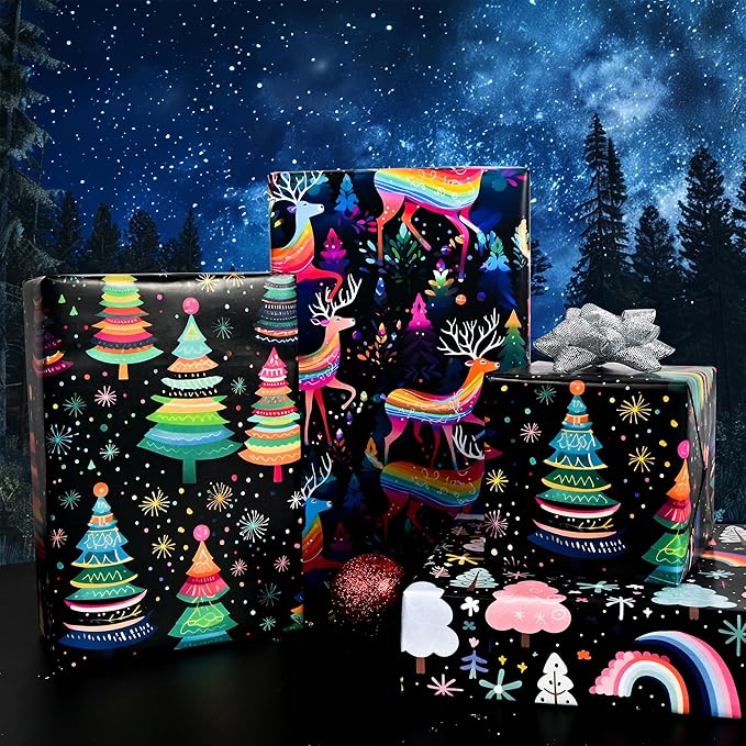 Vnaaem Christmas Wrapping Paper for Boys Girls Kids - Cute Rainbow Xmas Gift Wrap with Santa Tree Reindeer Design for Holiday Winter Paty - 20 x 28Inches Per Sheet(8 Pack)