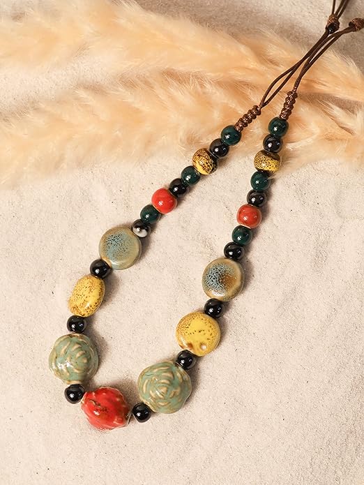 MINACHI Boho Hippie Round Ceramic Beads Strand Necklace, Vintage Bohemian Summer Beach Jewelry Gift for Women