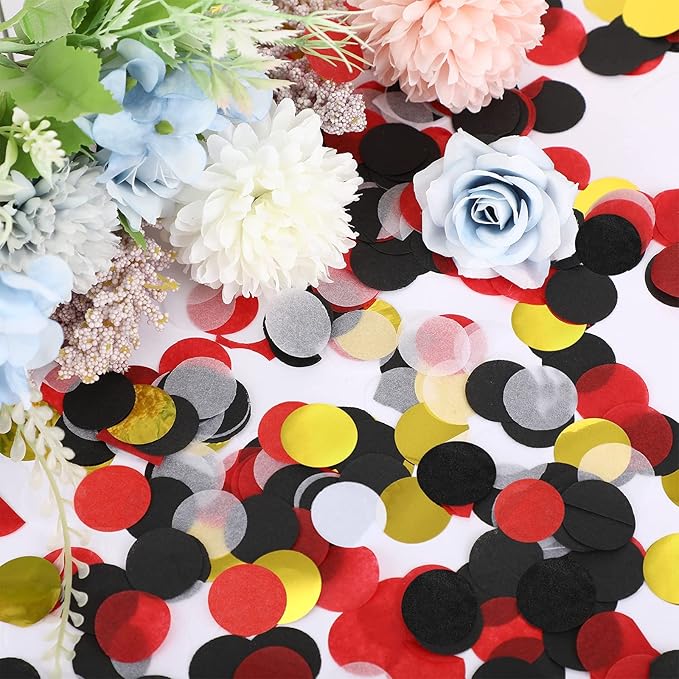 TecUnite Round Tissue Paper Table Confetti Dots for Wedding Birthday Party Decoration, 1.76 oz(Black White Red Gold Confetti,2.5 cm)